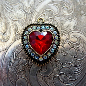 Belle Époque Pigeon Blood Ruby Red Rhinestone & Aurora Borealis Crystal Ice Valentine Heart Pendant Necklace Charm, Sacred Queen Royal Style