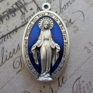 Large Cobalt Blue Enamel & Silver Miraculous Medal Of The Immaculate Conception 1830 Blessed Virgin Mary Catholic Italian Medallion Pendant!