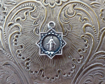 Tiny Silver Star Catholic Baby Necklace Pendant Miraculous Medal Of The Immaculate Conception - Blessed Virgin Mary Mother Religious Charm