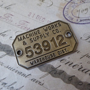 Machine Works & Supply Company Warehouse District #53912 - Industrial Metal Badge, Factory Tag - Stamped Antique Gunmetal Placard - Jewelry