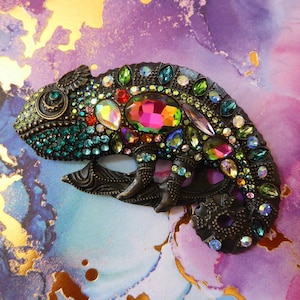 Panther Chameleon Brooch Pin SPECTACULAR Iridescent Rainbow Rhinestone Encrusted - With Pavé Set Stones Gems Oxidized Bronze Finish, Reptile
