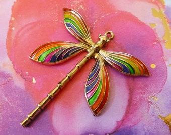 Rainbow Dragonfly Necklace Pendant Charm Multicolored Enamel On Goldtone - Damselfly Insect Bug Jewelry - LGBTQ+ Gay Pride Queer - Love Wins