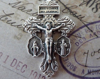 Ornate Italian Pardon / Indulgence Crucifix Silver Cross Catholic Pendant, Pope Pius X, The Passion Of Jesus Christ, Old Gothic Sacred Heart