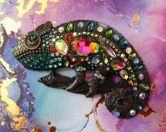 Panther Chameleon Brooch Pin SPECTACULAR Iridescent Rainbow Rhinestone Encrusted - With Pavé Set Stones Gems Oxidized Bronze Finish, Reptile