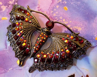 Metamorposis Mariposa, ELEGANT Art Deco Butterfly Brooch Lapel Pin - Encrusted With Ruby Red & Aurora Borealis Rhinestones - Gunmetal Finish