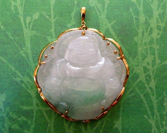 14K Gold Vintage Laughing Happy Buddha Necklace Pendant - SHIROKIYA Oahu, Hawaii - Carved Transluscent & Apple Green Jade, Fortune 585 Stamp