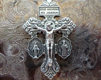 Large RARE Italian Pardon / Indulgence Crucifix Silver Cross Catholic Pendant, Pope Pius X, The Passion Of Jesus Christ, Gothic Sacred Heart