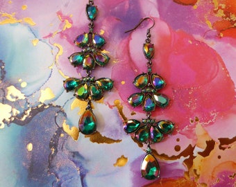 Deep Galaxy Aurora Borealis Rhinestone & Gunmetal Iridescent Rainbow Chandelier Earrings - Great Gatsby Inspired Style Art Deco - Bollywood