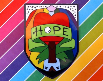 LGBTQ Rainbow Pride Flag 5" Vinyl Sticker - The Ex Voto Project "Dope Hope" Heart Ping Pong Paddle & Ball Stars - Designed By Cici Pingpong!