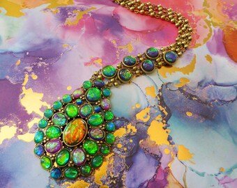 Lori Goldstein Moonstone Amulet Necklace - Fiery Iridescent Emerald Green, Blue, Amethyst Purple, Fushia Cabachon Stones, Retired LOGO Links