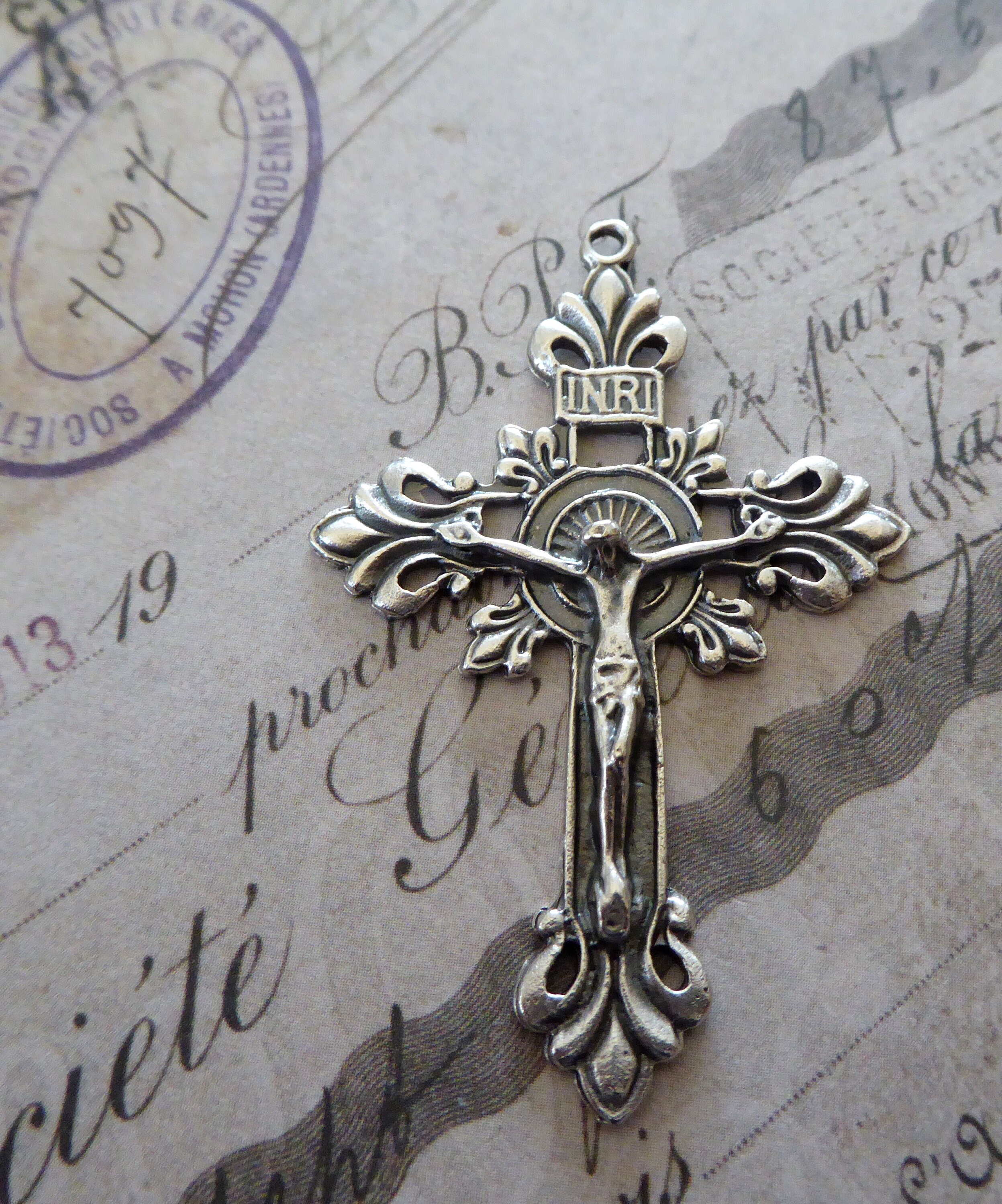 Fleur De Lis Italian Crucifix Silver Cross Pendant Jesus INRI I sus