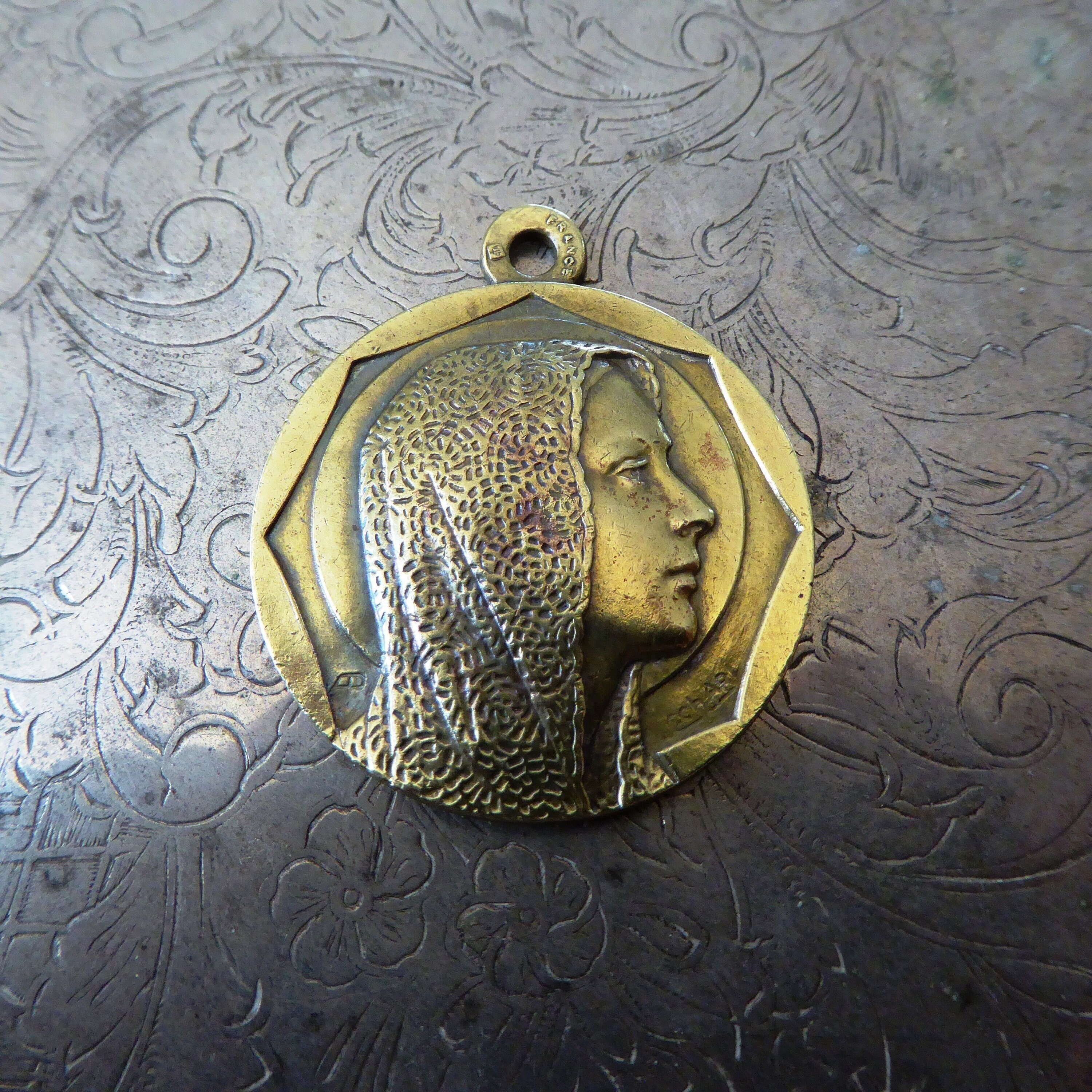 Gothic Revival Gold Madonna - French Holy Medal Blessed Virgin Mary - Signed C. Charl Medallion - Blank Engravable Reverse Religious Pendant