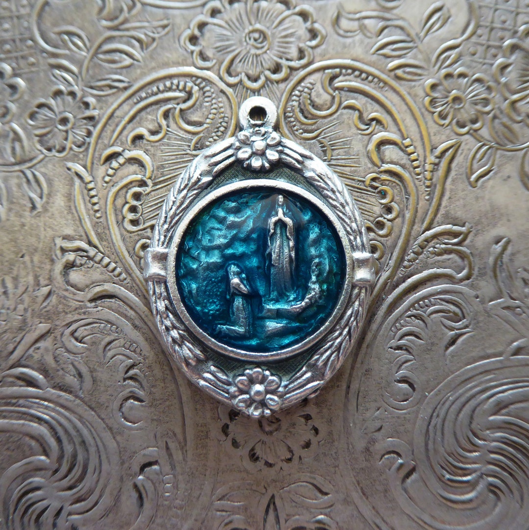 Vintage Our Lady of Lourdes Medal: Teal Enamel, Silver Floral Catholic ...