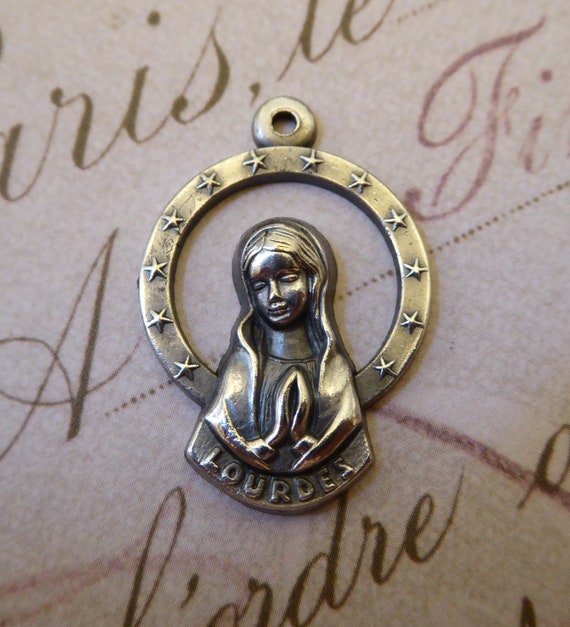 Saint St Bernadette Our Lady of Lourdes Ornate Art Nouveau Catholic Religious Medal Pendant Aluminum