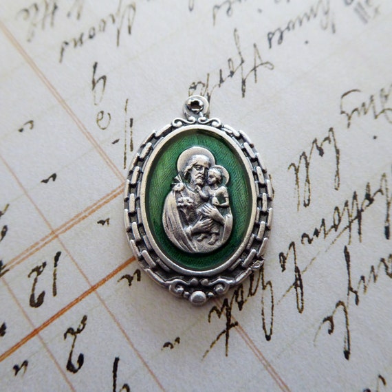 Green Enamel Saint Joseph Medal: Italian Catholic Protector Charm
