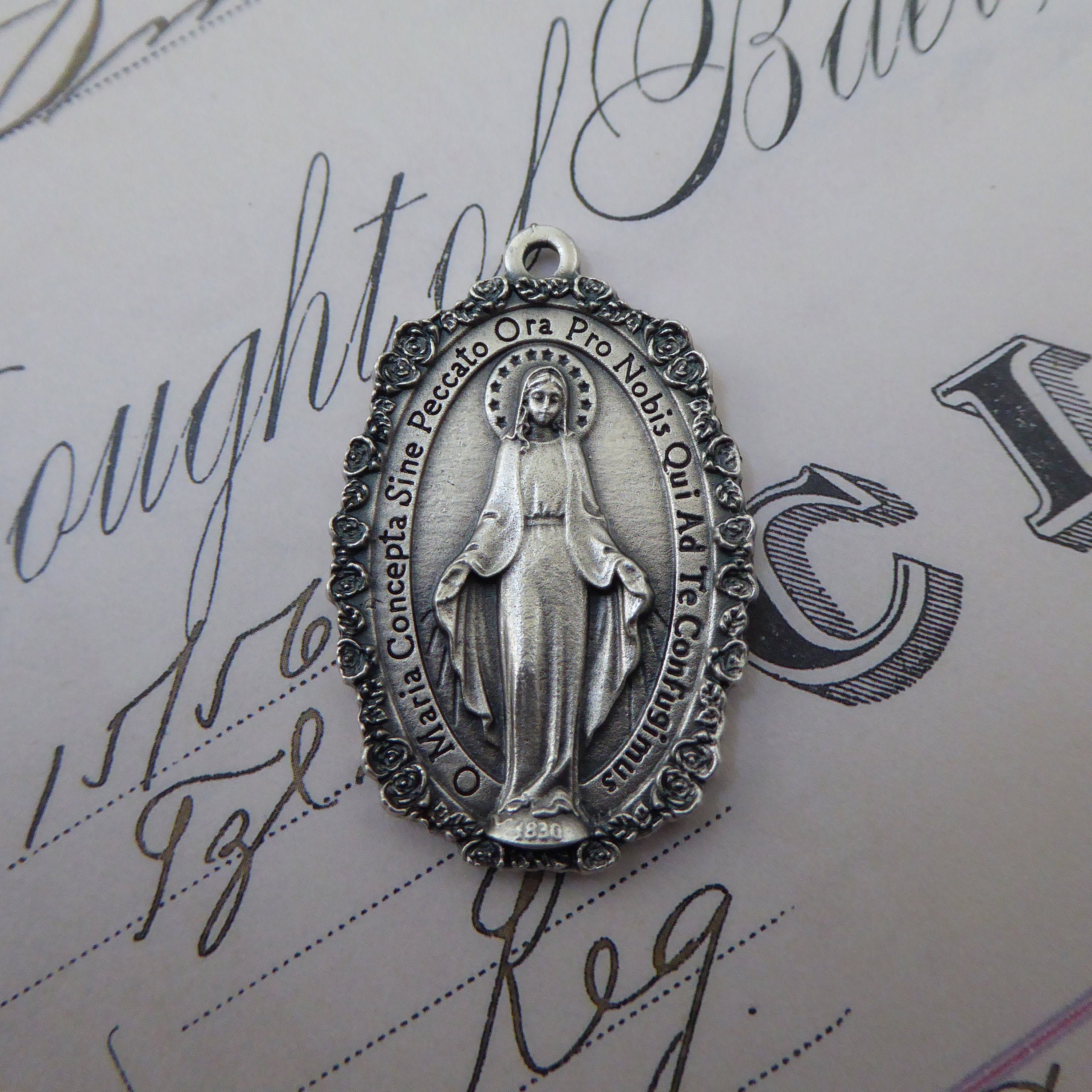 Silver Floral Wreath Latin Text Miraculous Medal of the 