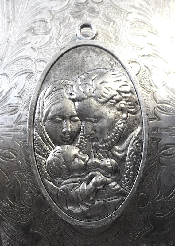 Vintage Italian Silver Holy Family With Holy Spirit Dove Medal: Saint Joseph, Mary & Jesus - Holy Ghost