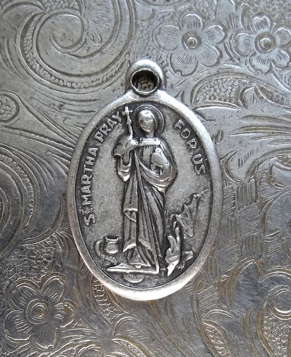 Saint Martha 1940's Italian Catholic Silver Medal Patron St. Of Cooks Servants Waitresses, Necklace Pendant, Slaying Dragon With Holy Cross