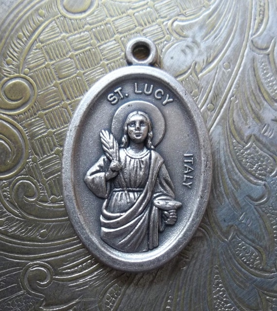 Vintage Saint Lucy Patron Of The Blind 1950's Catholic Italian Silver Medal, Those With Visual Impairment Or Blindness, Religious Pendant