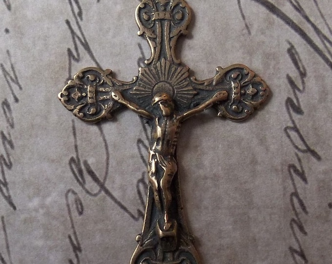 Large French Gothic Fleur De Lis & Sunburst Crucifix Bronze Cross the