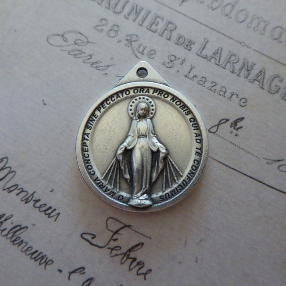Silver Floral Wreath Latin Text Miraculous Medal of the 
