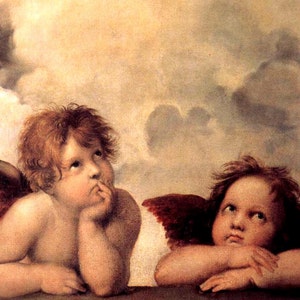 May include: Two cherubic angels with wings, painted in a Renaissance style, are depicted with soft, rosy skin tones and delicate features. One angel is looking up with a thoughtful expression, while the other angel is looking down with a serene expression. The painting is set against a background of soft, white clouds.