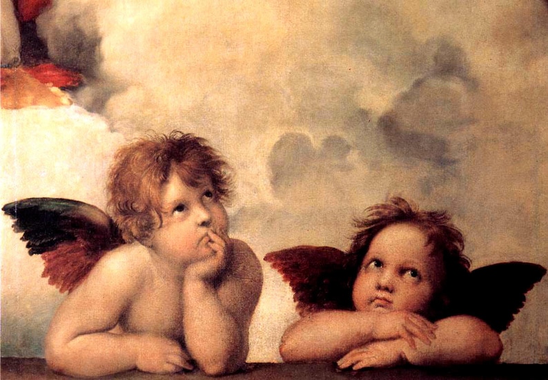 May include: Two cherubic angels with wings, painted in a Renaissance style, are depicted with soft, rosy skin tones and delicate features. One angel is looking up with a thoughtful expression, while the other angel is looking down with a serene expression. The painting is set against a background of soft, white clouds.