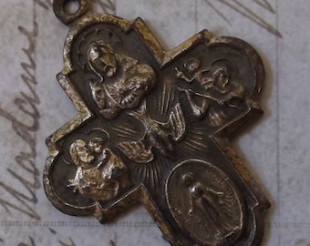 Mid Century Brass French Holy Cross Medal All Saints Jesus Mary Joseph Christopher Holy Spirit Our Lady Of Mt. Carmel