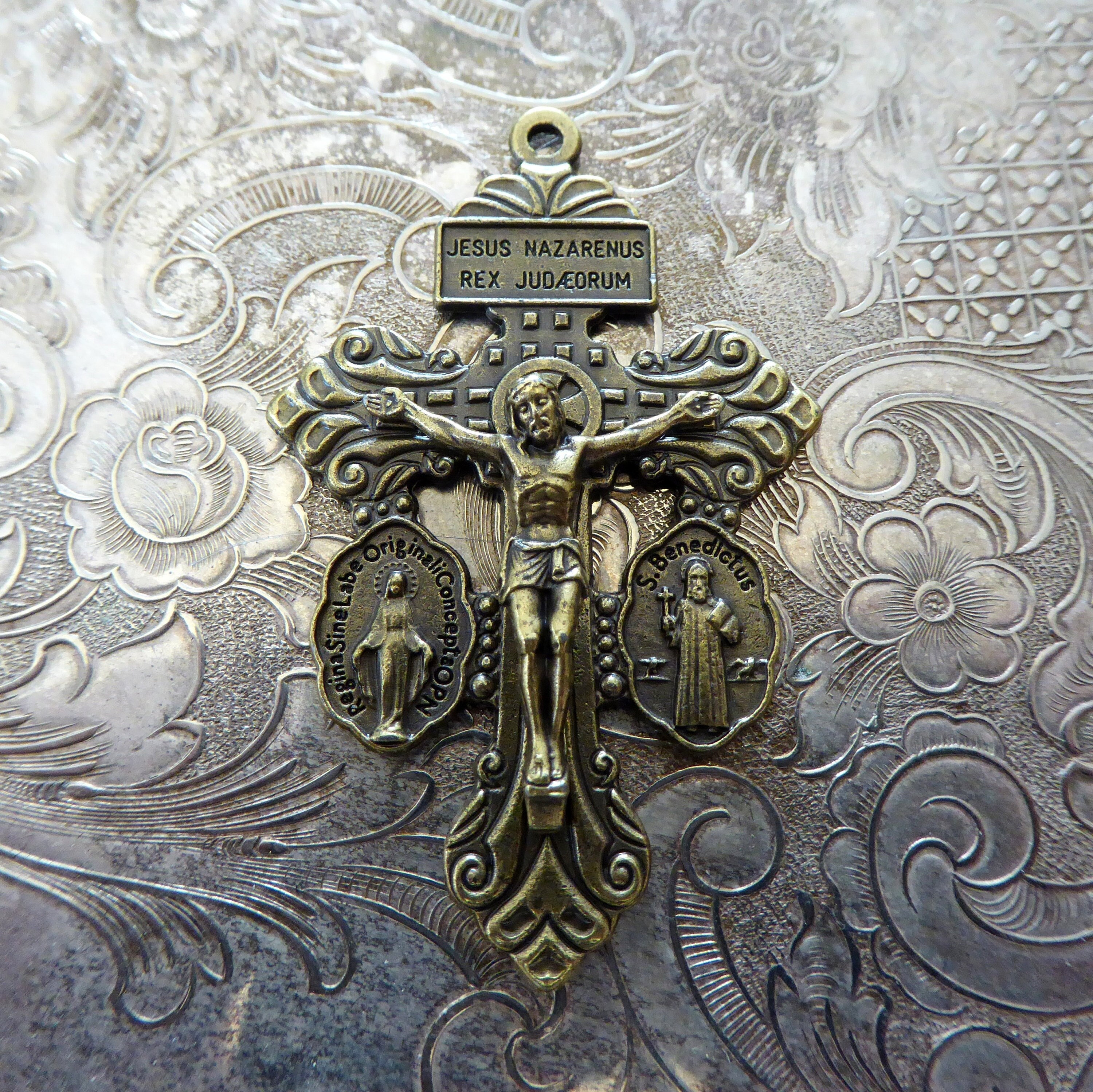 Large BRONZE Italian Pardon / Indulgence Crucifix Cross Catholic Necklace Pendant, With Miraculous Medal Mary & Benedict Charm, Sacred Heart