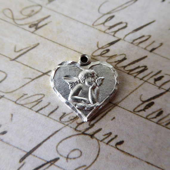 1940s Italian Silver Heart Religious Medal: Raphael Cherub Angel Holy Catholic Medallion Necklace Pendant, Putti