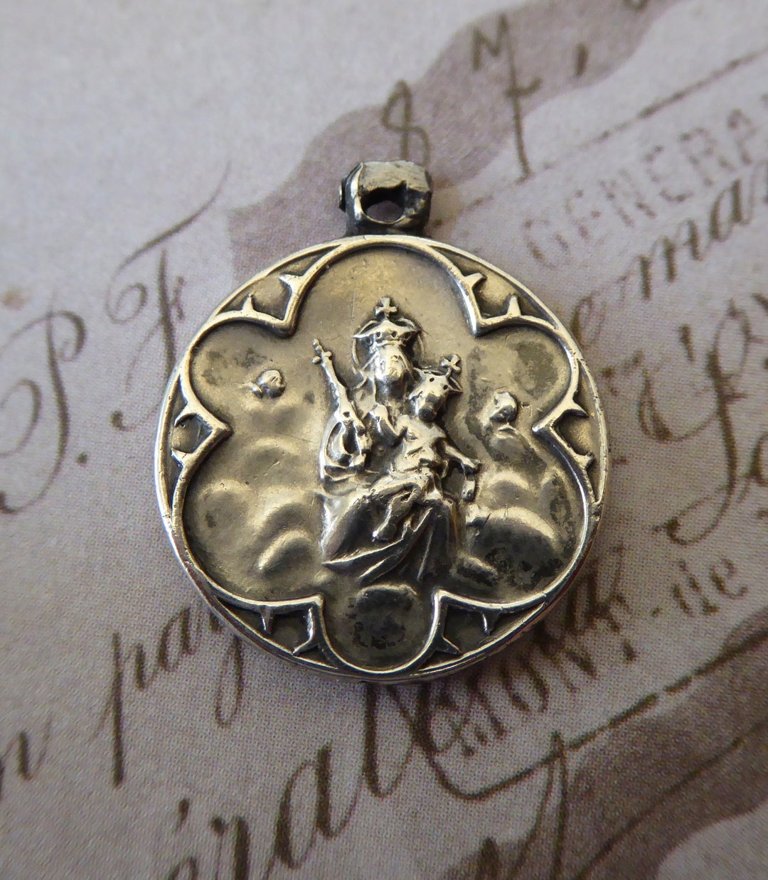 VINTAGE Silver SCAPULAR Religious Medal Sacred Heart of Jesus & Our ...