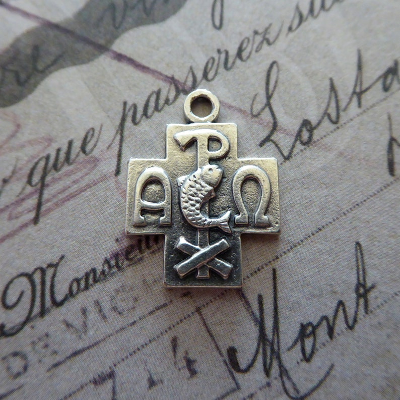 Vintage Italian PAX Peace Cross, Labarum Or Chi-Rho Symbol With Fish, Religious Medal I Am The Alpha And The Omega, Holy Necklace Pendant image 1