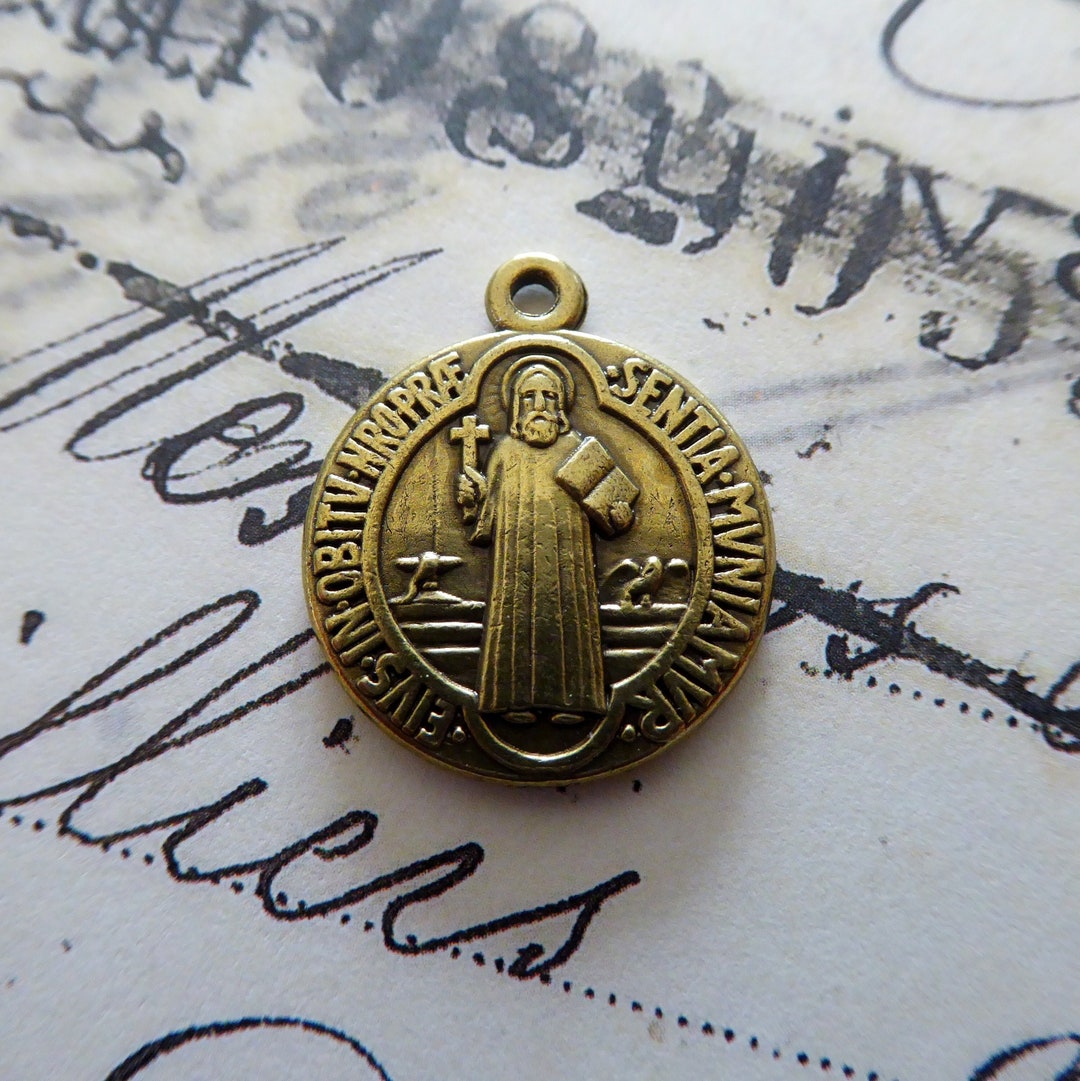 Vintage Bronze Italian St. Benedict Catholic Medal Pendant Patron Saint