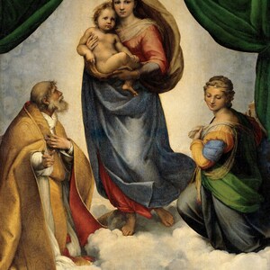 May include: A painting depicting the Madonna and Child with Saint Peter and Saint Paul. The Madonna is holding the Christ child in her arms, while Saint Peter and Saint Paul are kneeling in prayer. The painting is set against a background of clouds and a golden sky.