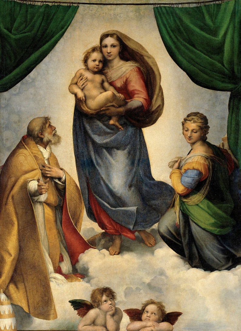 May include: A painting depicting the Madonna and Child with Saint Peter and Saint Paul. The Madonna is holding the Christ child in her arms, while Saint Peter and Saint Paul are kneeling in prayer. The painting is set against a background of clouds and a golden sky.
