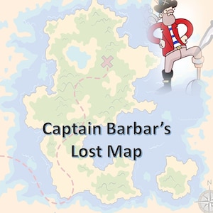 Può includere: Una mappa di pirati di cartoni animati con una X rossa che segna il punto su un'isola verde. La mappa è circondata da acqua blu e ha una bussola nell'angolo in basso a destra. Il testo "Captain Barbar's Lost Map" è scritto in blu sulla mappa.