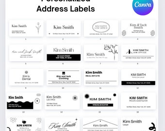 May include: Twenty address label designs featuring various fonts, graphics, and text. The labels include names, addresses, and business titles such as "Law Office", "Real Estate", and "Private Investigator".