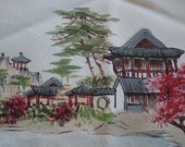 Vintage Hand Painted Silk Hankie - Japanese Pagoda Scene - 461
