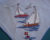 Vintage Hand Embroidered Hankie - Sailboat Scene - Unused - 462