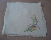 Vintage 1940 39 s Silk Rayon Hankie - Hand Embroidered Rosebuds - 13 Inch - 472