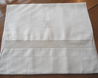 Antique Homespun Linen King Size Pillowcase - Hand Sewn - French Seamed - Filet Crochet Insert - M Initial Monogram - 20" W x 34" L
