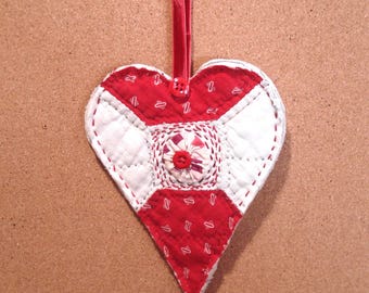 Handmade Quilted Heart Door Hanger - Antique Quilt Christmas  Ornament - Embroidery - MOP Buttons - Red & Cream Cottons - Red Velvet Ribbon