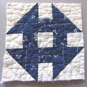 Antique 1800&#39;s Churn Dash Quilt Block - Indigo - Hand Pieced & Quilted - Authentic - Framing - Creative Projects - Repairs - 7 Inch - #14