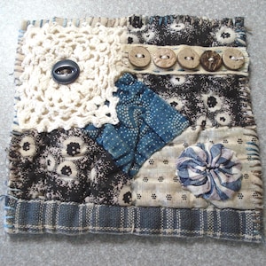 Langsam genähter Stoffflicken – Textilkunst – Antiker Quiltblock – Handstickerei – Indigostoff