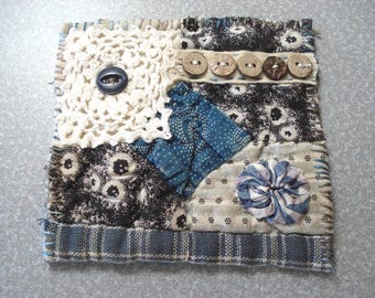 Slow Stitched Fabric Patch - Textile Art - Antique Quilt Block - Hand Embroidery Work - Indigo Fabric