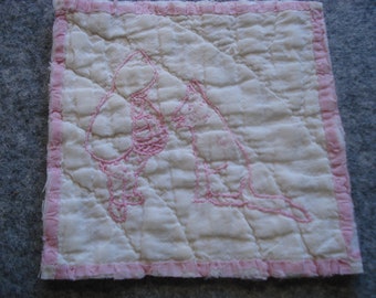 Charming Antique 1800's Quilt Block - Little Girl & Pet Dog - Pink Embroidery Work - Hand quilted - Creative Projects - 5 Inch - #8