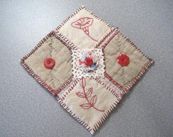 Slow Stitched Fabric Patch - Textile Art - Antique 4 Patch Quilt Block - Hand Embroidery  - Vintage Lace and Fabric Yoyo - 3 Vintage Buttons