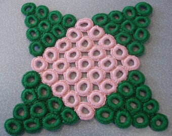 Vintage Handmade Crochet Trivet - Pink & Green Circles - Hot Pad