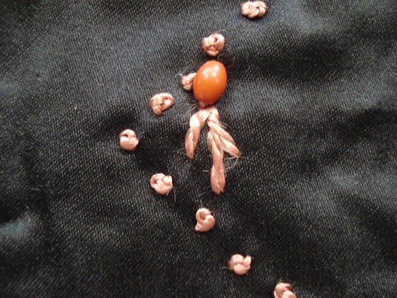Antique Black Satin Purse - Orange Beads & French… - image 7