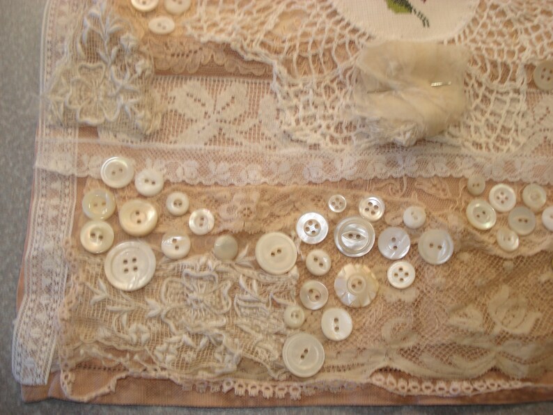 MOP Buttons Junk Journal Kit Inspiration Sewing Kit #43 99 Pieces Antique Slow Stitch Kit Shabby Lace Silk Hankie